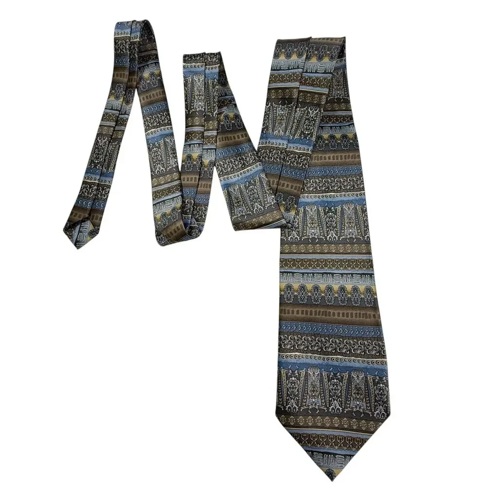 Rene Chagal Handmade Baroque Stripe Tie Blue Gray‎ Taupe Gold Ornate Classic